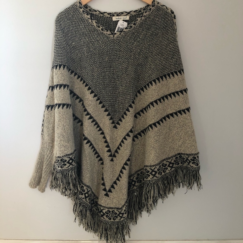 Tan and Black Indigo Soul Poncho with fringe